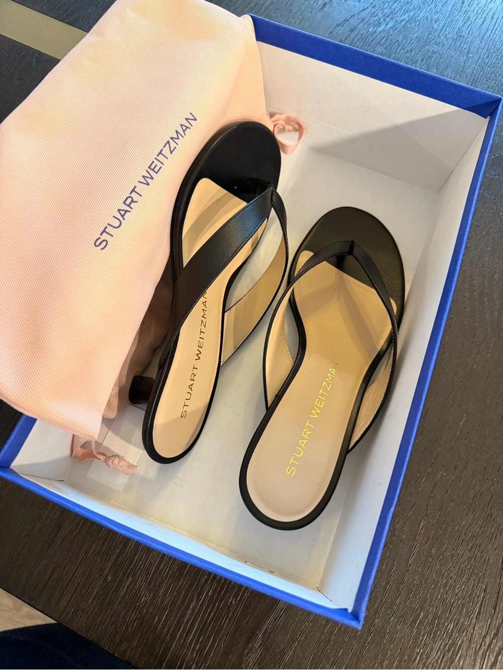 Stuart Weitzman Rio Black Leather Thong Sandals with Neutral Insole